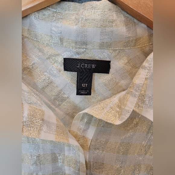 J. Crew Top Womens Sz 12 Tall White & Gold Metallic Plaid Voile Popover - Picture 4 of 11